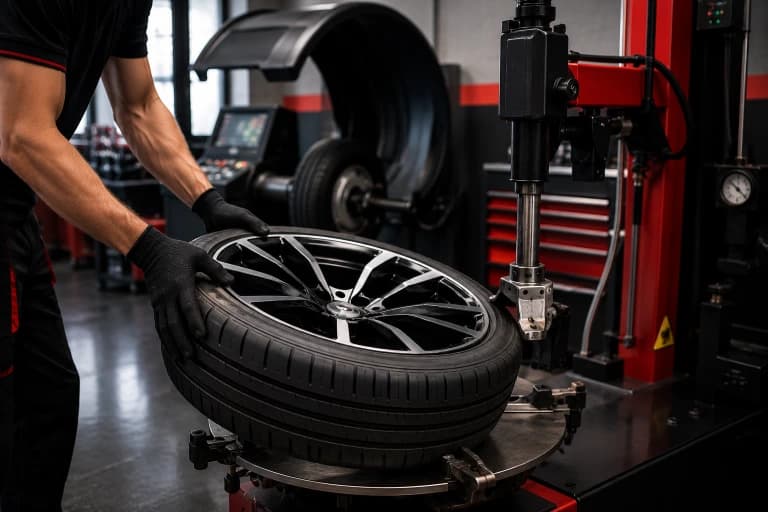 Technician performing mobile tire change and balancing
